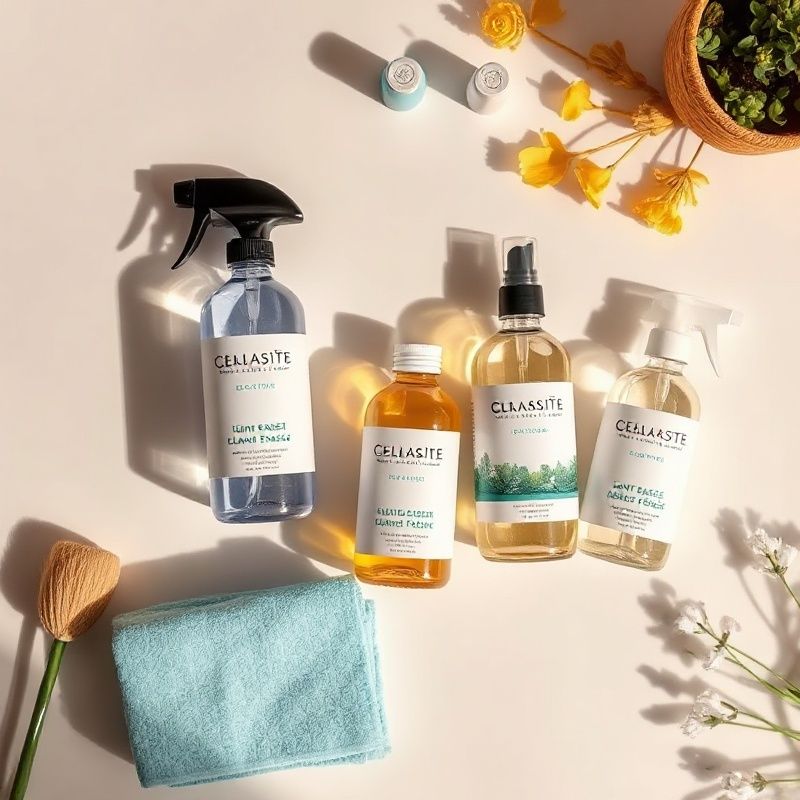 Productos de limpieza ecológica sobre superficie blanca con luz mediterránea