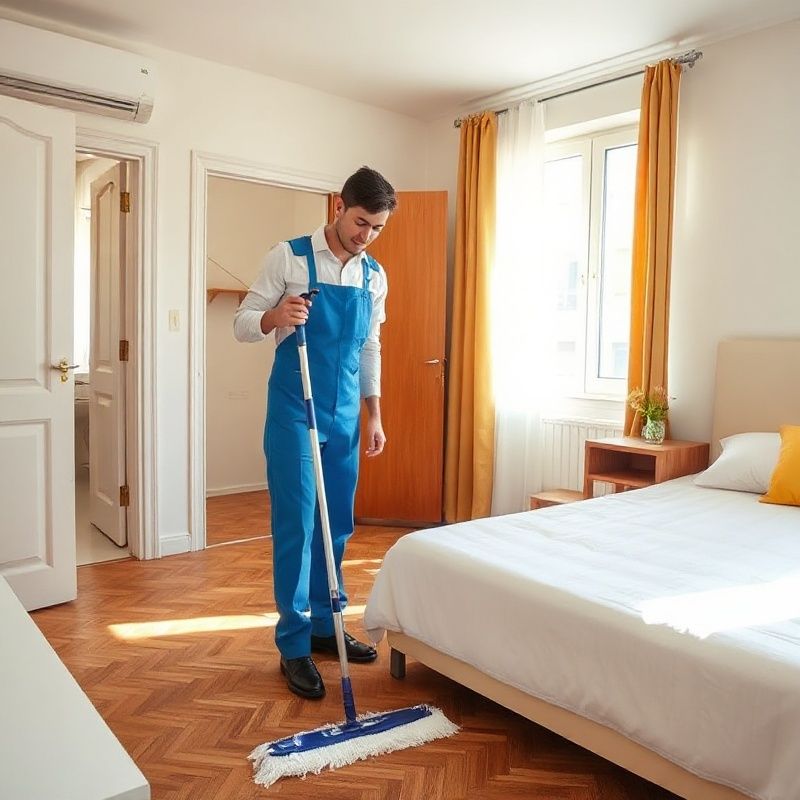 Profesional de Mentorcornerk limpiando un dormitorio madrileño con luz matinal