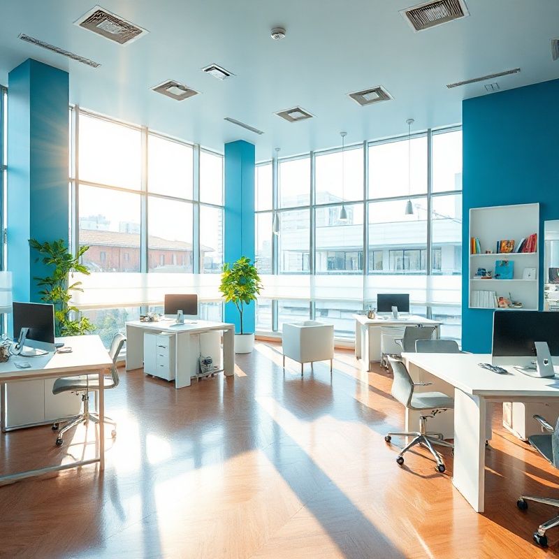 Interior de oficina madrileña limpia con luz matinal