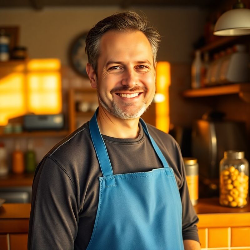 Retrato de Diego Fuentes en el mostrador de su cafetería en Madrid