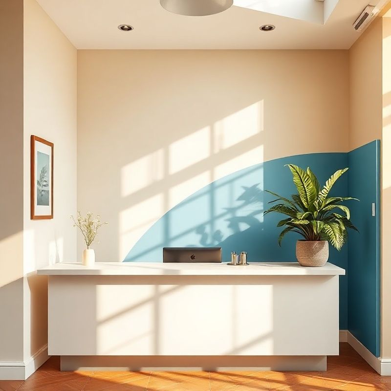 Recepción limpia con planta y luz natural en Madrid